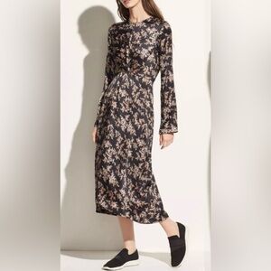 Vince Eden 100% Silk Black Floral Midi Dress